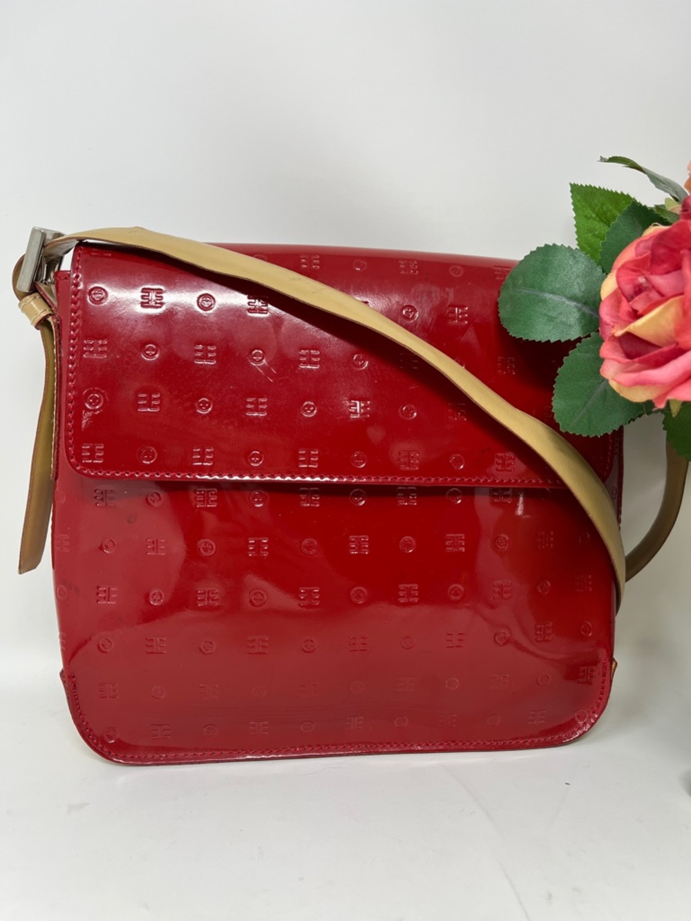ARCADIA RED PATENT EMBOSSED LEATHER FLAP SHOULDER BAG MADE IN ITALY